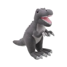 Grey knitted t-rex from the Willberry Knitted range. With soft grey knitted fabric and beige cloth for chest and claws against a white background