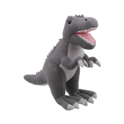 Grey knitted t-rex from the Willberry Knitted range. With soft grey knitted fabric and beige cloth for chest and claws against a white background