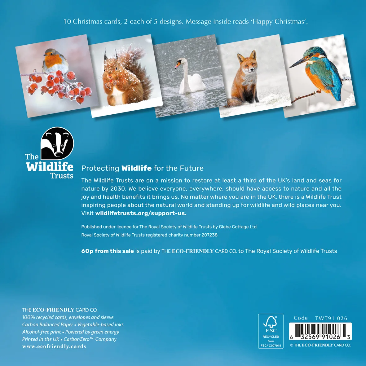 The Wildlife Trusts Mixed photo Wildlife Christmas cards for 2025 with the 5 photo designs included in the pack which are a robin with berries, a red squirrel in snow, a mute swan on a lake, a red fox in snow and a kingfisher on an icy branch in snow