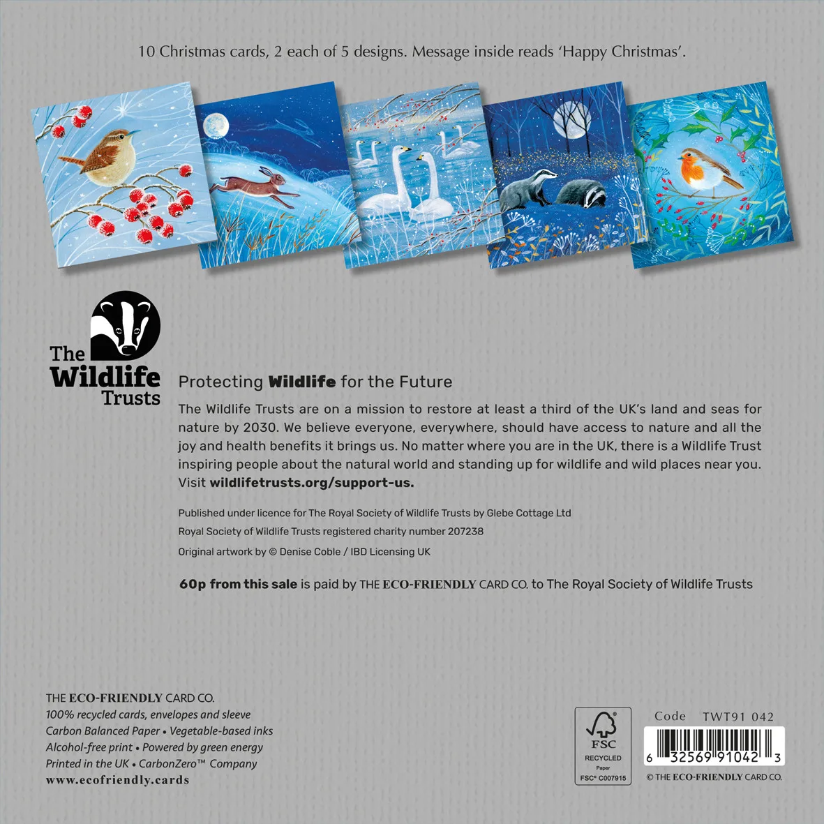 The Wildlife Trusts Mixed Art Wildlife Christmas cards for 2025 back of pack showing all 5 designs in the pack on a grey back ground the designs include a wren, running hare, swans on a lake, 2 badgers at night and a robin