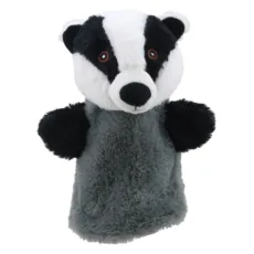 Eco friendly Badger Eco Buddies glove puppet from The Puppet Company in grey black and white on a white background