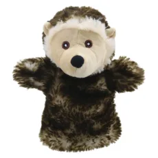Eco friendly hedgehog Eco Buddies glove puppet from The Puppet Company in brown and cream faux fur on a white background facing front
