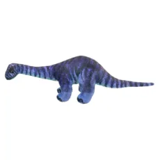 Long graceful Diplodocus soft toy from The Puppet Company's Natural History Museum range in soft pile various blues coloured fabric and embroidered eyes on a white background facing left