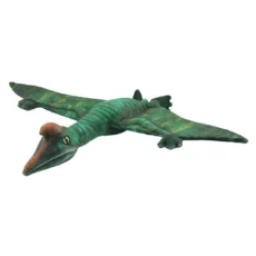 Natural History Museum's Quetzalcoatlus soft toy by The Puppet Company. Mostly greens and orange on the body On a white background facing right with yellow, white, and black embroidered eye