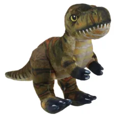 Natural History Museum's T. rex soft toy by The Puppet Company. Mostly browns, dusky green, and orange on the body On a white background facing left with yellow and black embroidered eye