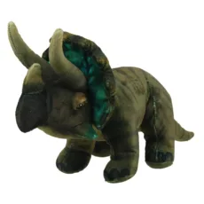 Deep green triceratops from The Puppet Company's Natural History Museum range of soft toy dinosaurs with embroidered eyes and displayed on a white background facing left