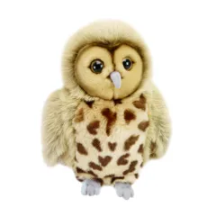 full bodied owl from the Puppet company, patterened mid brown fur on a detailed owl hand puppet on a white background