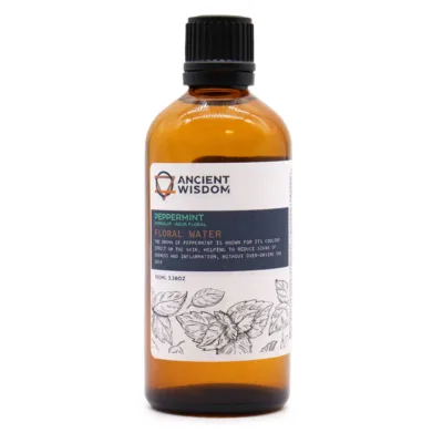 Peppermint floral waters by ancient Wisdom in an amber glass jar on a white background
